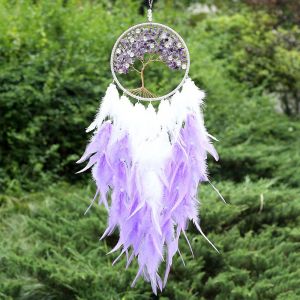 Sans Lumière - Attrape-Rêves Mural En Cristal Fait À La Main, Arbre De Vie Circulaire Avec Plumes, Décoration D'intérieur Bohème Traditionnelle (Violet) - Neuf