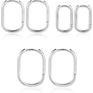 Kalhx-3 Paires Créoles Carrées Argent Sterling S925,Boucles D'oreilles Carrées Épaisses En Forme De U Créoles Ovales Argent Pour Femmes Légères D'oreilles Minimalistes Cadeau Pour Filles Et Femmes - Neuf