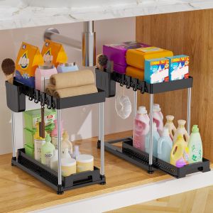JEXNOVASHOP-Lot de 2 Rangement sous Évier, Organisateur sous Evier Cuisine avec 8 Crochet et 2 gobelet Suspendu, Etagere sous Evier pour Buanderie, Meuble, Salle de Bain (Noir) - Neuf