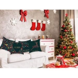 Lot De 4 Taies D'oreiller Vertes De No&euml;l - Petit &Eacute;lan, Grand &Eacute;lan, Coeur, Cadeau De No&euml;l - Housses De Coussin 45 X 45 Cm - Neuf