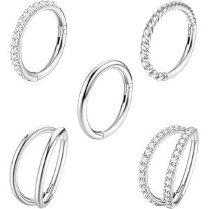 Nbgcm-5 Pièces De Piercings De Nez En Acier Chirurgical 18g 16g Pour Femmes Anneaux En Forme De Boucle Avec Zircons Anneaux De Septum Articulés Avec Fermoir À Cliquet Bijoux De Piercing 8mm 10mm - Neuf