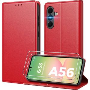 JGD-Coque pour Samsung Galaxy A56 5G [ Verre Tremp&eacute; Protection *2 ] [ Blocage du Signal RFID ] [ Premium PU ] [ Pochette de Portefeuille ] Etui &agrave; Rabat pour Samsung A56 5G,Rouge - Neuf