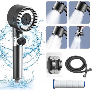KAL-Pommeau De Douche Haute Pression, Douchette De Massage Avec 4 Modes De Support, Pommeau Douche Économie Deau Haute Pression Pour Salle De Bain (With A Filter Element+Base+1.5M Shower Pipe) - Neuf