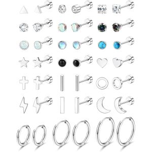 Meimie-21pairs Petites Boucles D'oreilles Femme Acier Chirurgical Boucles D'oreilles Cartilage Hypoallergénique Étoile Lune Cz Boucles D'oreilles Créoles Argent Piercing Clou D'oreille Ensemble - Neuf