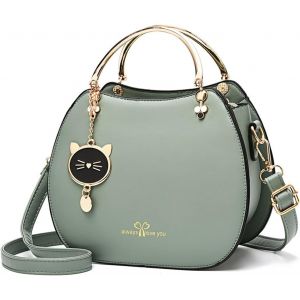 Senior-Sac Bandouli&egrave;re Rond Femme Sac A Main Petit Sac Besace Mignon Sac Crossbody Tendance Sac &Agrave; Main Port&eacute; Epaule En Pu Cuir Avec Chat Pendentif Vert[L311] - Neuf