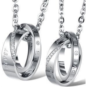 Bijoux Acier Inoxydable Homme Femme 2 Pendentif Anneau D'amiti&eacute; - Collier Amoureux 2 Cha&icirc;ne Couple - Avec Sac Cadeau - Neuf