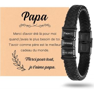 Bracelet Personnalis&eacute; Homme Cadeau Papa - Id&eacute;e Cadeau F&ecirc;te Des P&egrave;res Anniversaire Avec Bo&icirc;te Et Carte Pour Papa Bracelet En Cuir Tress&eacute; Avec Pr&eacute;nom Enfant - Neuf