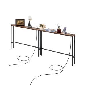 SUBZONAL-Table Console &eacute;troite pour canap&eacute;, 2 pcs, Table d'entr&eacute;e Longue avec Prises de Courant, Console Meuble &agrave; 1 Niveau, avec Cadre en m&eacute;tal et Station de Charge, pour Couloir, Salon, Marron et No - Neuf