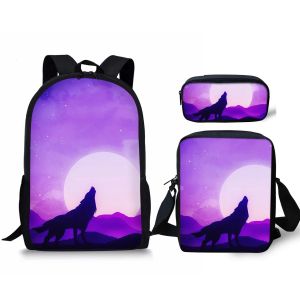 Motif Loup sur la Lune classique imprime 3D 3 pieces/ensemble sacs d'ecole pour élèves sac à dos pour ordinateur portable sac à bandoulière incliné trousse à crayons - Neuf