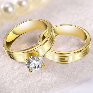 Bagues Doubles En Acier Titane Plaque Or Avec Decoration En Zircone, Bijoux Tendance Pour Les Doigts (#7) - Neuf