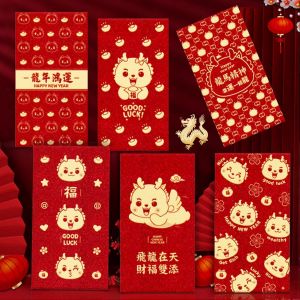 6Pcs Enveloppe Rouge Exquis Festive Style Chinois des Mots de B&eacute;n&eacute;diction Dragon Mod&egrave;le de Poche Rouge pour le Nouvel An Style C - Neuf