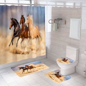 4 Pièces De Cheval Rideau De Douche Set (Style 17), Cheval Noir, Modèle De Rideau De Douche Imperméable À L'eau, Anti-Dérapant Tapis Contour, Toilette D'un Couvercle Et De Tapis De Sol - Neuf