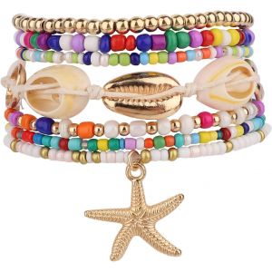 Tianyi-Lot De 7 Bracelets Plage D'&eacute;t&eacute;, &Eacute;toiles Mer Coquillages Perles Color&eacute;es Style Surfeur Bijoux Boh&egrave;mes Pour Femmes Accessoires De Plage Pour Les Vacances - Neuf
