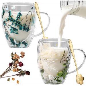 ERYI-Tasses Double Paroi Avec Fleurs Séchées,2 Pièces 350Ml Fleurs Tasse À Thé,Verre Double Paroi,Tasse En Verre Avec Fleur Sèche,Tasse Double Paroi Fleurs Séchées,Pour Le Thé Noir,Les,Le Café Glacé - Neuf