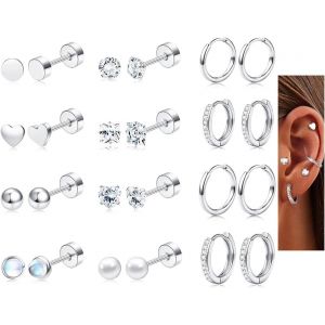 Kalhx-12paires Boucles D'oreilles Pour Femmes Hommes Acier Chirurgical Hypoallergénique Créoles Cz Pierre De Lune Flatback Helix Cartilage Tragus Boucles D'oreilles Multiperforation - Neuf