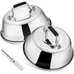 Jexnovashop-Lot De 2 Cloches &Agrave; Hamburger En Acier Inoxydable Avec Poign&eacute;e En Plastique,Pour Barbecue, Cuisine, Steak, Fromage, Barbecue Et Teppanyaki,Durable Et Lavable Au Lave-Vaisselle,17x6 Cm (Ron - Neuf