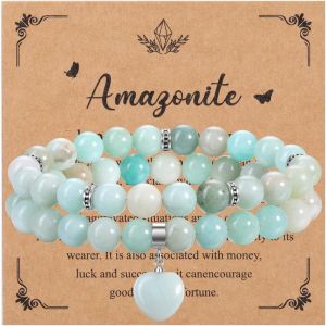 Eryi-2pcs Bracelets Pierre Naturelle Perles 8mm Avec Pendentif Du Coeur Pour Femme Fille, Bracelet Elastique Yoga Chakra Bracelet Porte Bonheur Cadeau Anniversaire Amitié Valentine - Neuf