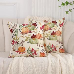 Taie D'oreiller 45x45 Cm Décoration D'automne Feuilles De Citrouille Coussin Décoratif À Carreaux Housse De Coussin De Canapé Câlin Pour Chambre Salon Fauteuil Halloween Thanksgiving Lot De 2 - Neuf