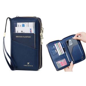Portefeuille passeport avec protection RFID et dragonne pour filles - Organisateur de voyage bleu - Neuf