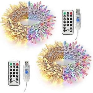 D&eacute;coration de No&euml;l Guirlandes Lumineuses Int&eacute;rieures,2 Pi&egrave;ces 10M 100 LED Blanc Chaud et Color&eacute; 4 en 1 Guirlandes Lumineuses USB avec 11 Modes T&eacute;l&eacute;commande Dimmable O - Neuf