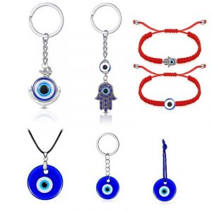 Lot De 7 Colliers Et Porte-Cl&eacute;s En Verre ?il Du Diable Bleu - Neuf