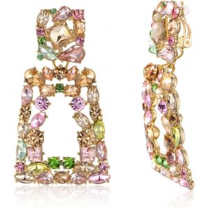 Kalhx-Clip Boucle D'oreille Femme Boucles D'oreilles Pendantes Grand Rectangle Goutte Géométrique Gemme Strass Fantaisie Non Piercing - Neuf