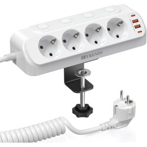 Prise de table 4 prises avec 2 USB C, multiprise coud&eacute;e avec 2 USB, multiprise de bureau, commutable individuellement, protection contre les surtensions avec c&acirc;ble de 2 m pour la maison, le bureau - Neuf