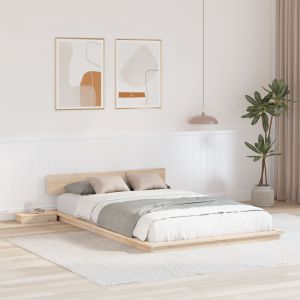 Vidaxl Cadre De Lit Au Sol Avec Tables De Nuit 140x190cm Bois Massif - Neuf