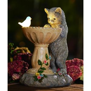 Mevronisshop-Statue De Chat Solaire Avec Fonction Bain D'oiseaux ¿ Sculpture En Résine Imperméable Avec Lumières Solaires Pour Oiseaux, Cadeau De Jardin Pour Femme/Maman/Grand-Mère ¿ Gris - Neuf