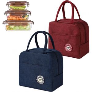 Kalanka-Sac Isotherme Repas 6l 2 Pi&egrave;ces, Lunch Box Isotherme Sac Repas Portable Pliable Avec Doublure Aluminium - Sac Lunch Box Bureau, Camping, Voyage (Bordeaux/Bleu Marine) - Neuf
