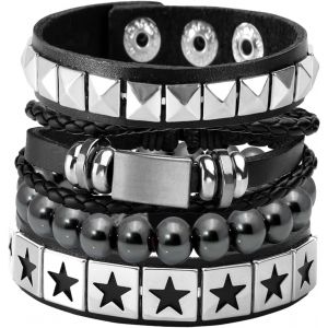 Kal-4pcs Punk Rock Cuir Pu Bracelet Homme Femme Gothique R&eacute;tro Vintage Manchette Noir R&eacute;glable - Neuf