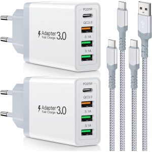LORANKA-Chargeur USB-C 35W 4 Ports, Charge Rapide PD/QC 3.0 avec 2 C&acirc;bles 6,6 Pieds, Compatible Samsung/LG/Google Pixel 6/Tablettes, Bloc Mural Compact -Blanc - Neuf