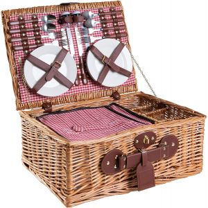 Ulteronixshop-Panier De Pique-Nique En Osier Naturel Rouge &iquest; 4 Personnes &iquest; Service Complet Avec Vaisselle En C&eacute;ramique & Verres &Agrave; Vin &iquest; Grand Compartiment Isotherme - Neuf