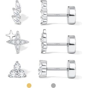 Kal-3 Paires Boucles D'oreilles Argent 925 Pour Femme Homme Hypoallergénique Boucles D'oreilles Or 14 Carats Petites Boucle D'oreille Cz Lune Étoile Soleil Cartilage Helix Conch Piercing Argent Or - Neuf