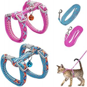 Meimie-Lot De 2 Harnais Réglables Pour Chat-Harnais En Nylon-Harnais Avec Laisse Pour Chatons-Harnais Pour Chat-Harnais Pour Chat-Avec Laisse-Anti-Éclatement (Bleu Clair Et Rose) - Neuf