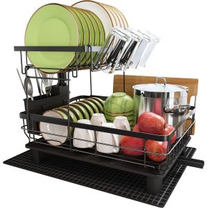 Egoutoire Vaisselle Cuisine, Egouttoir Vaisselle 2 Niveaux En Acier Inoxydable Noir Grand Format Avec Porte-Gobelets, Porte-Ustensiles Et Drainage Automatique - Neuf