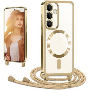TRAHOO-Coque avec Cordon pour Samsung Galaxy S25 FE 5G, Coque Magn&eacute;tique de Cellulaire Corde Transparent Silicone &Eacute;tui en Galvanis&eacute; avec R&eacute;glable Collier T&eacute;l&eacute;phone Cha&icirc;ne Lanyard Housse, Or - Neuf