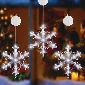 Jgd-Illumination No&euml;l Pour Fen&ecirc;tres Avec Flocon De Neige,3 Pi&egrave;ces Lumi&egrave;res De No&euml;l &Agrave; Suspendre Pour Fen&ecirc;tre De No&euml;ls,Flocon De Neige Lumineux N&eacute;on,Lampe &Agrave; Ventouse - Neuf