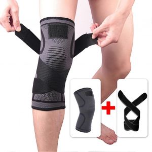 1pc Genouillère De Sport Avec Ceinture D'attelle Élastique Nylon Et Polyuréthane Protecteur De Rotule Pour La Course De Fitness L Noir - Neuf