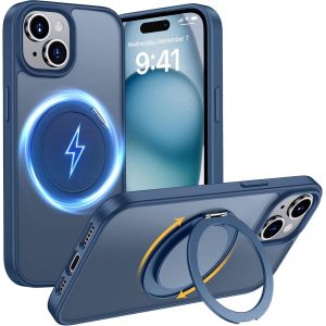 Kal-Coque Pour Iphone 15 6,1 Pouces Compatible Avec Magsafe, Housse Antichoc Mate Pour Téléphone Portable Avec Support Invisible, Etui Protection Arrière Anti-Rayures (Bleu) - Neuf