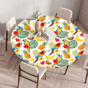 Nappe de Table Ronde avec Bord Élastique, Nappe Ronde Anti-Tache Antidérapante Exterieur Table Protection Extensible pour Cafe Cuisine Fête Table (70cm,Perroquet) - Neuf