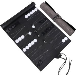 Sansh-Backgammon De Voyage, Jeu De Société De Backgammon, Fabriqué En Cuir Synthétique, Jeu De Voyage Enroulable, Avec Accessoires, Noir Et Blanc, Terrain De Jeu L X P : 36 X 25 Cm - Neuf