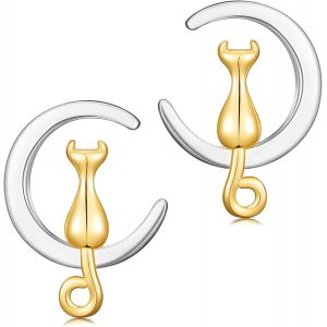 Kal-Boucles D'oreilles Clous En Argent Sterling 925 Boucles D'oreilles Chat Lune Boucles D'oreilles Animaux Pour Femme Adolescent Fille - Neuf