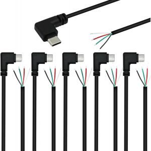 JGD-6PCS Queue de Cochon USB Type-C,Angle Droit de 90 degr&eacute;s 28AWG 5V 3A Prise USB-C vers Fil Nu &agrave; 4 Broches,USB Type C C&acirc;ble d'alimentation et de donn&eacute;es, Prise USB C &agrave; souder (25cm) - Neuf