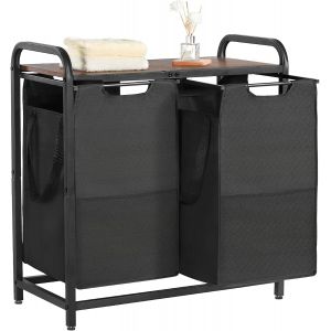 MEVRONISSHOP-Panier &agrave; Linge 2 Compartiments, Trieur de Linge avec Sacs Coulissants en Tissu Oxford 600D, Cadre en M&eacute;tal et Plateau en Bois, pour V&ecirc;tements Sales, Buanderie Blanchisserie Chambre Salle - Neuf