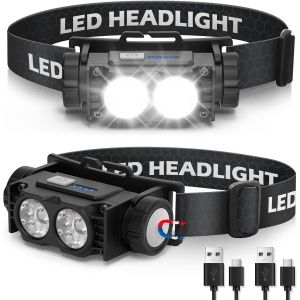 Lampe Frontale 2 Pièces,Lampe Frontale Led Ultra Puissante 2000 Lumens,Torche Frontale 3 Modes Ipx5 Étanche Rechargeable Usb,Pour Pêche,Camping,Cyclisme,Running (Noir) - Neuf