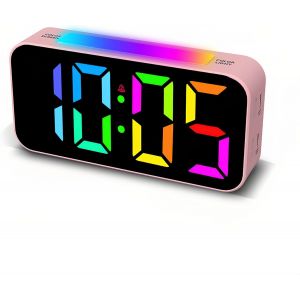 R&eacute;veil Num&eacute;rique Color&eacute; Avec Fonction Snooze - Grand &Eacute;cran Rvb - 8 Options De Couleur - Format 12 &Agrave; 24 H - R&eacute;glage Du Volume Et De La Luminosit&eacute; - Prise De Courant - Rose - Neuf