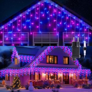 Guirlande De Noël Extérieure À Glaçons 10M 400Led - 8 Modes Guirlande Lumineuse Rideau Lumineux De Noël Étanche Ip44 Rideau Lumineux Pluie Décoration Pour Balcon,Toit, Fenêtres-Bleu&Violet[Z296] - Neuf