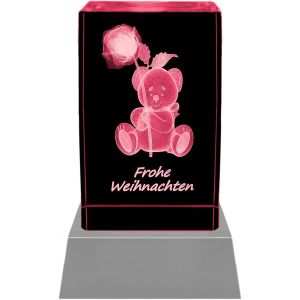 KAL-Lampe D'Ambiance Rectangulaire-Un Cadeau Particulier : Led Bougie Bloc De Verre 3D Cristal Gravure Laser Personnalisée Offerte Motif Nounours Entouré De Roses Avec Joyeux Noël - Neuf