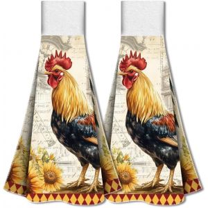 ERYI-2 Torchon De Cuisine De Coq De Boucle De Suspension, Serviette De Cuisine De Coq De Ferme Torchon À Vaisselle Serviette Douce Et Absorbante À Suspendre Pour Cuisine Salle De Bain D'Intérieur - Neuf